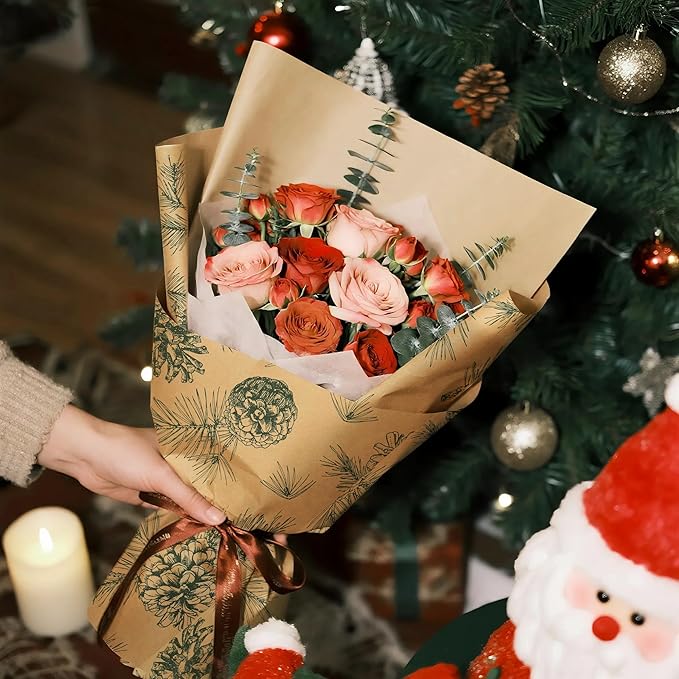 LeZakaa 20 Sheets Kraft Christmas Flower Wrapping Paper, Green Pinecone and Branches on Kraft Floral Bouquet Paper Gift Wrap for Christmas Party Packaging, Winter Woodland-themed Holiday decor
