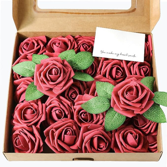 Meldel Artificial Flower 25pcs Real Looking Red Fake Foam Roses with Stems for DIY Wedding Bouquets Gifts Bridal Shower Faux Floral Centerpieces Arrangements Home Party Tables Decorations