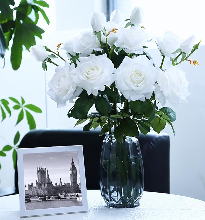 White Fake Flowers for Wedding Decor,Realistic Artificial Flowers Indoor 5 Bouquets（15 Heads） for Room Decor,Real Touch Fake Roses for Bathroom Garden Kitchen Cake Bride Centerpieces Backdrop Decor