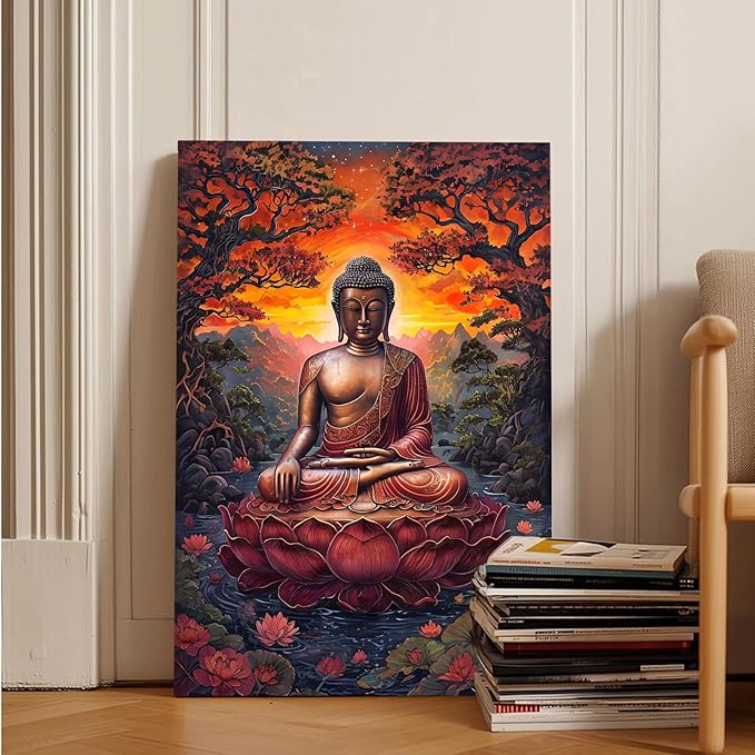 Golden Buddha on lotus seat serene meditation statue amidst lush trees flowing water and sunrise light spiritual home art for a tranquil decor 8x12in Frameless