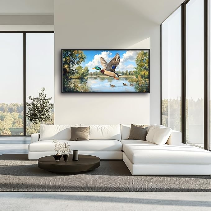 Farmhouse Duck Large Wall Art Framed Rustic Wall Decor for Living Room Lake Duck Hunting Pictures Oversized Canvas Print Painting Modern Extra Large Framed Artwork for Bedroom Office 60"x30"
