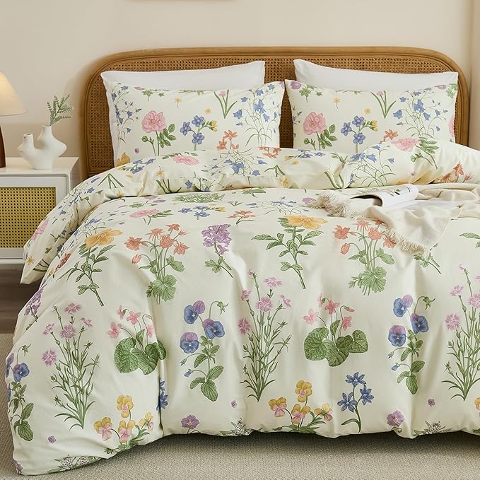 100% Cotton Duvet Cover Queen Size – Botanical Garden Print, Green Floral Duvet Cover Set with Zipper Closure, 3-Piece Soft Breathable Natural Cotton Bedding Set for All Seasons
