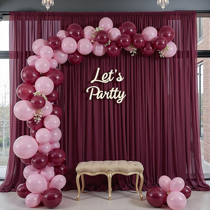 10ft x 10ft Burgundy Backdrop Curtains, Wrinkle-Free Sheer Chiffon Fabric Photo Backdrop Drapes for Wedding Arch Party Ceremony Stage Photography Decorations