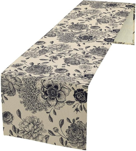 Black White Flower Table Runner,Vintage Wildflower Decor Table Runner for Home Kitchen Table Dining Indoor Outdoor Party Decor 13x108 Inch