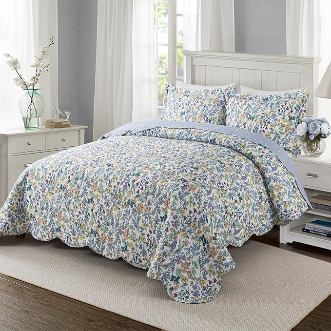 Travan 3-Piece Quilt Set Quilted Bedspread Lightweight Coverlet Set Garden Style Floral Printed Oversized Quilted Bedding Set for All Season, Secret Garden, King Size