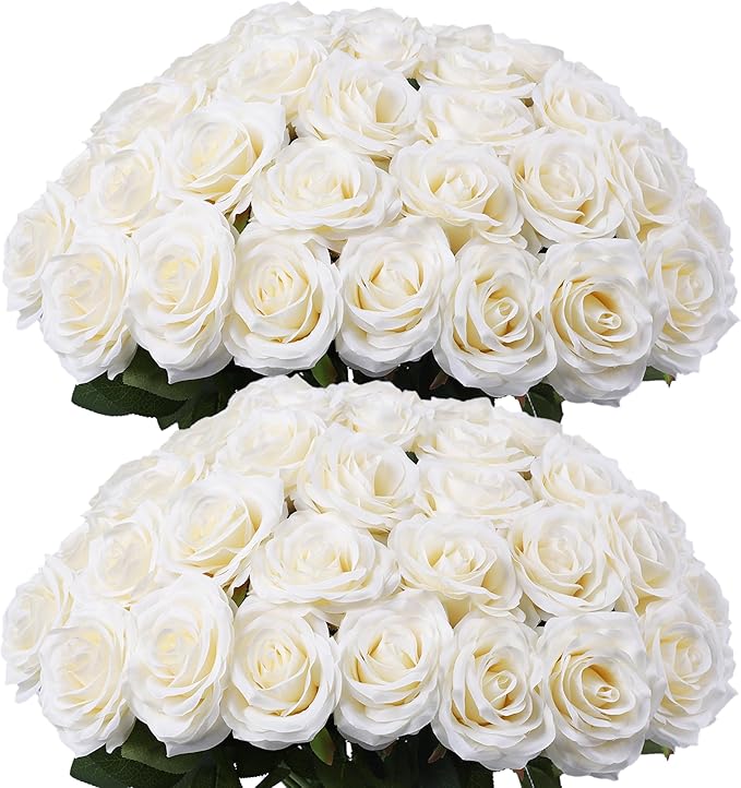 Artificial Rose Flower Ivory Flowers Ivory Roses White Roses Silk Flowers 50 pcs with Long Stem Silk Roses Bouquet for Wedding Bridal Shower Party Home Decoration