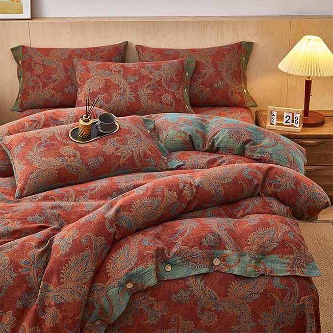 EAVD Vintage Boho Jacquard Floral Duvet Cover Queen Soft 100% Cotton Muslin Yarn-Dyed Textured Bedding Set with 2 Pillowcases Boho Floral Comforter Cover with Button Closure