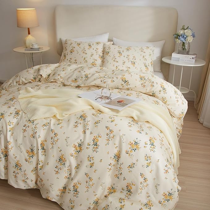 Garden Style Yellow Floral Comforter Set Twin XL Chic Flower Leaves Printed Girls Floral Bedding Set Fluffy Soft Microfiber Twin XL Comforter with 2 Pillowcases Vintage Floral Botanical Comforter Set