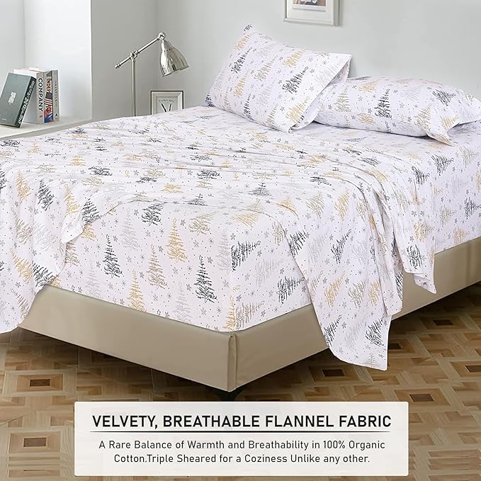 RUVANTI Flannel Sheets Full Size - 100% Cotton Double Brushed Bed Sheets Set, Deep Pockets 16 Inches, All Seasons Breathable & Extra Soft Full Sheets, Warm & Cozy, 4 Piece, Christmas Tree