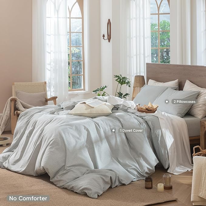 MooMee Striped Duvet Cover Set 100% Washed Cotton Linen Like Textured Breathable Durable Soft Comfy (Heathered Green Pinstripes, Full 80"x90")