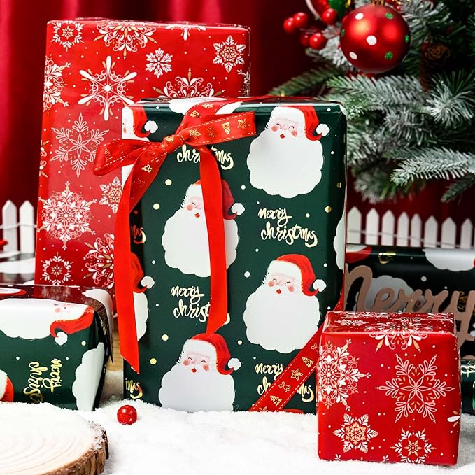 MAYPLUSS Christmas Wrapping Paper Roll - 17IN X 33FT - Green Gift Wrap Paper Featuring Santa Claus Gold Merry Christmas Reversible Snowflake for Kids, Holiday, New Year