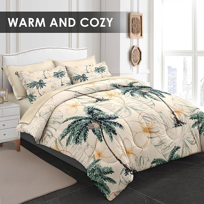 Comforter Set Full Size, Tropical Botanical Palm Summer 7 Pcs Bedding for Kids and Adults, Hawaiian Coconut Tree Bed Sheet Sets with Fitted Sheet 2 Pillowcase & 2 Sham for Bedroom Bed Decor