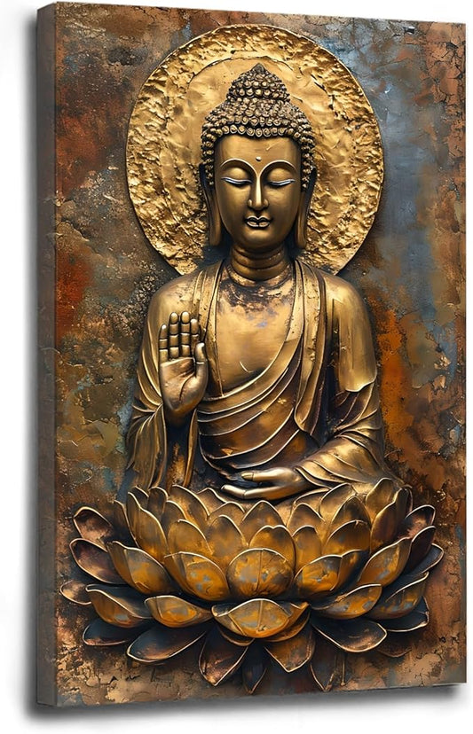Buddha Wall Art Golden Buddha in Lotus Seat Serene spiritual statue radiant aura Meditation and mindfulness wall art suitable for sacred spaces 16x24in Wood Framed