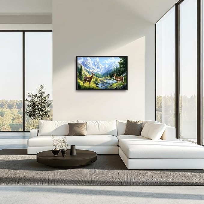 Mountain Forests Deer Large Wall Art Framed Farmhouse Wall Decor for Living Room Rustic Elk Pictures Oversized Canvas Print Painting Modern Extra Large Framed Artwork for Bedroom Office 36"x24"