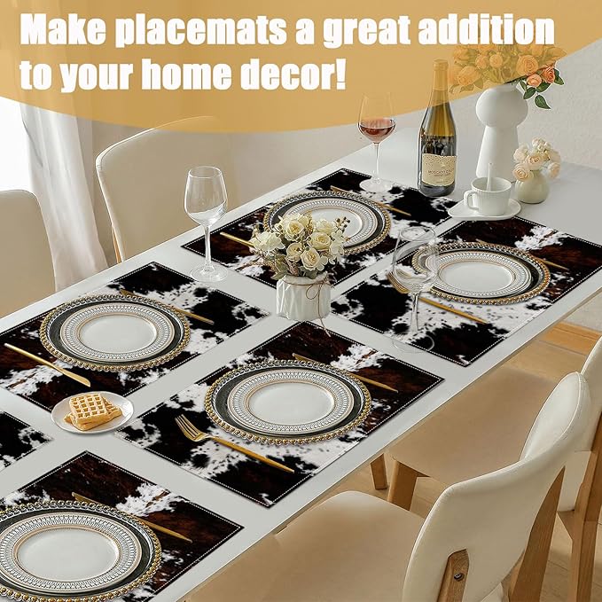 Cowhide Skin Placemats Set of 6, Cow Print Linen Place Mat Washable Stain Resistant Table Mats for Farmhouse Kitchen Dining Party Wedding Decor 12x18 Inch
