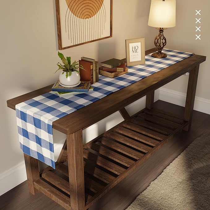 Encasa XO Cotton Dining Table Runner | Buffalo Blue Checks | Size 13x72 in - Machine Washable & Durable