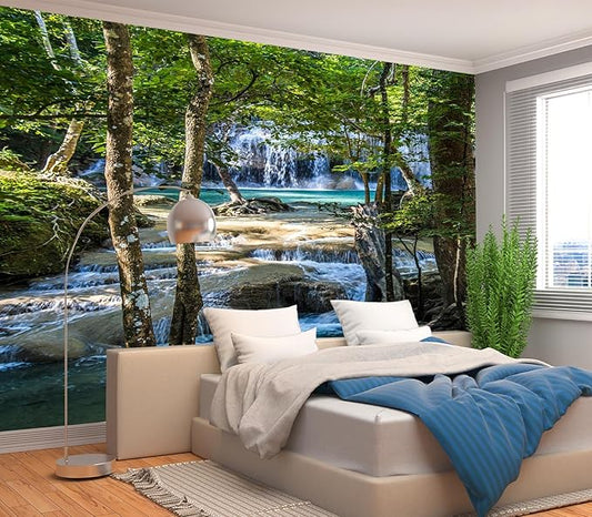 Cliouar--Erawan Waterfall in Kanchanaburi Mural Wallpaper Peel and Stick 160" x 114"