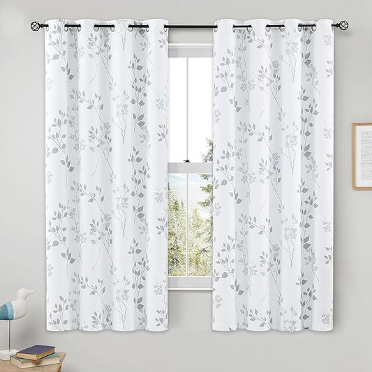 Beauoop Floral 100% Blackout Curtains 63 Inch Length 2 Panels for Bedroom Living Room Grey White Flower Patterned Room Darkening Thermal Insulated Soundproof Grommet Window Treatments Drapes, 52X63