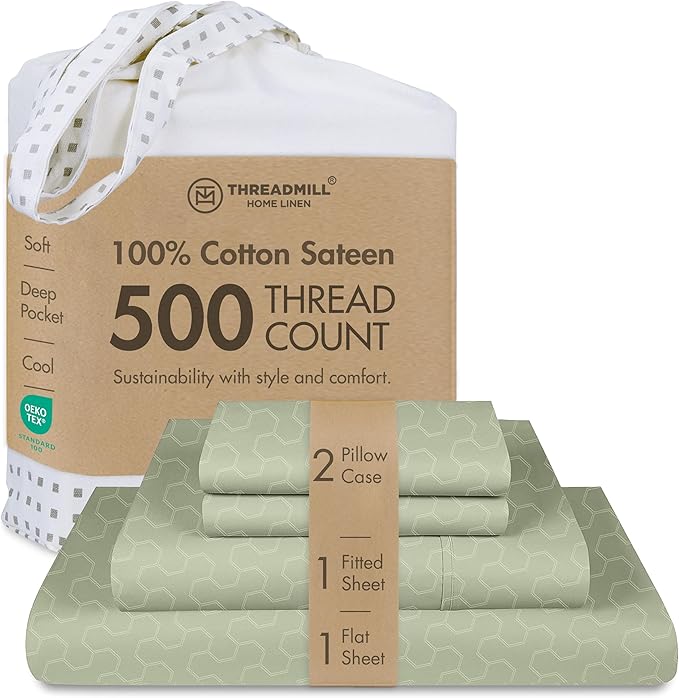 Threadmill 500 Thread Count Full Size 4 Pc Luxury Cotton Sheet Set, Jacquard Floria Sage Green, Silky Smooth Sheets with 16" Elasticized Deep Pocket, 2 Pillowcases & Free Tote Bag