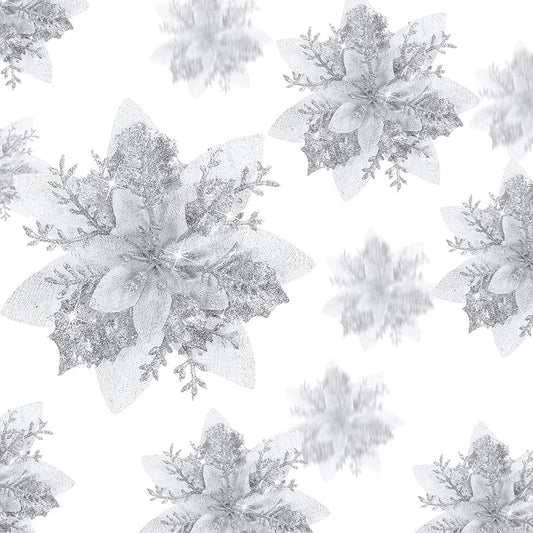36 Pcs Christmas Glitter Artificial Poinsettia Flowers Xmas Poinsettia Artificial Wedding Flowers Decorations Xmas Tree Ornaments with Clips for Party, 6 Inch, 4 Inch, 3 Inch(Silver)