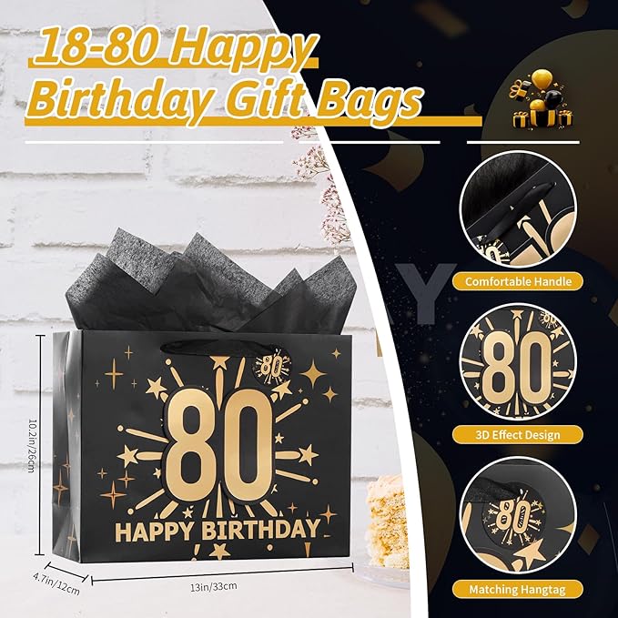 Bloomwords 80th Birthday Gift Bag Set with Card & Tissue – 13" Elegant Keepsake Party Bags for Unisex Anniversaries, Gift Wrapping & Celebrations
