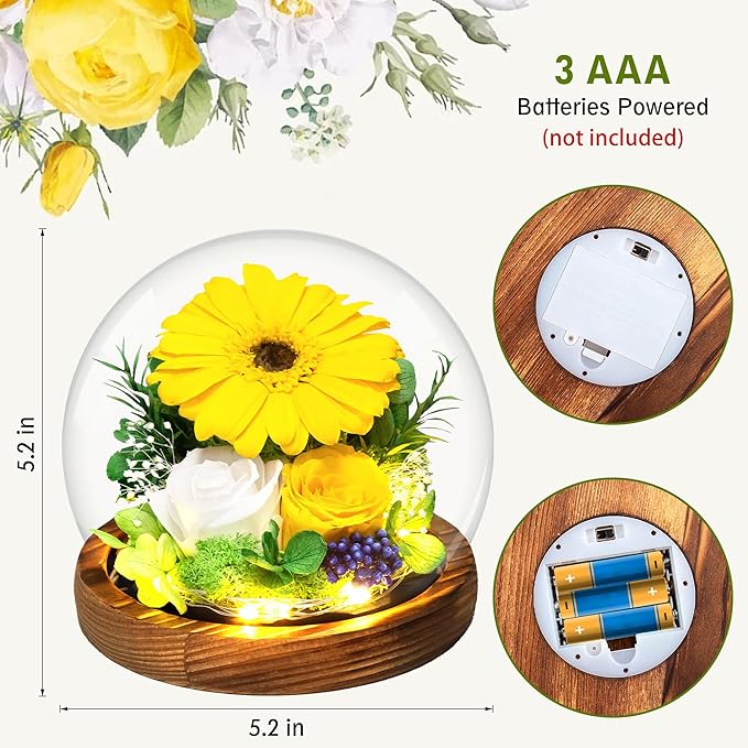 Sunflower Gifts for Women Mom Birthday Gifts for Her Preserved Real Flowers in Glass Dome with LED Strip, Forever Flowers Gifts for Wife Girlfriend Mom on Mother Day Birthday Valentine Day