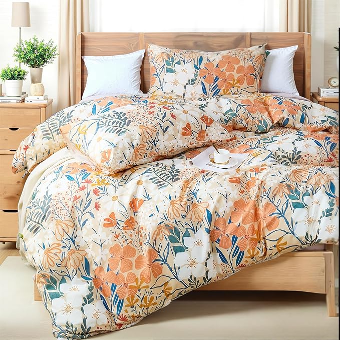 100% Cotton Duvet Cover Queen Size – Autumn Botanical Floral Duvet Cover Set with Zipper Closure, 3-Piece Soft Breathable Percale Weave Bedding Set for All Seasons