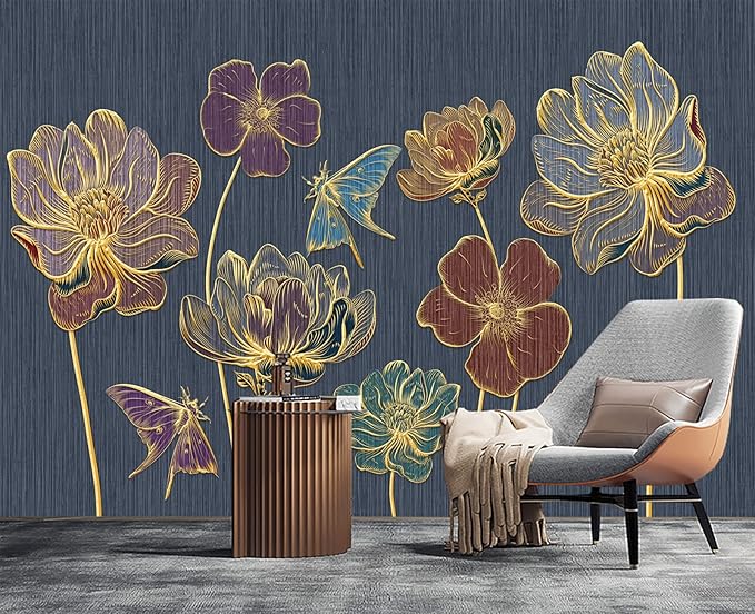 Embossed Golden Flower 3D Wall Mural Wallpaper for Bedroom 137" x 100"