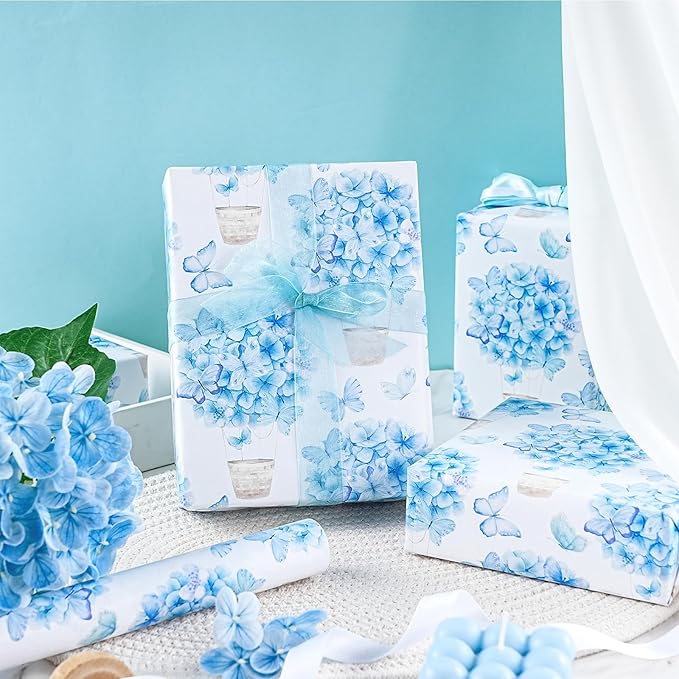 LeZakaa Blue Hydrangea Wrapping Paper Roll for Girls Kids, Hydrangea Flowers & Watercolor Butterfly Party Gift Wrap for Wedding, Baby Shower, Mother's Day, Birthday, Mini Roll, 17 inches x 16.4 Feet
