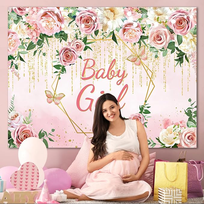 Pink Rose Flower Baby Girl Baby Shower Backdrop Party Decorations,Blush Floral It's Sweet Girl Backdrops Banner Photography Background for Princess Baby Shower Party Photo Booth Supplies 8x6ft