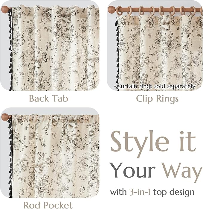 JINCHAN Linen Blend Floral Curtains for Living Room & Bedroom - 84 Inch Long Printed Curtains with Tassels & Rod Pocket - Farmhouse Rustic Peony Flower Patterned Drapes - 2 Panels