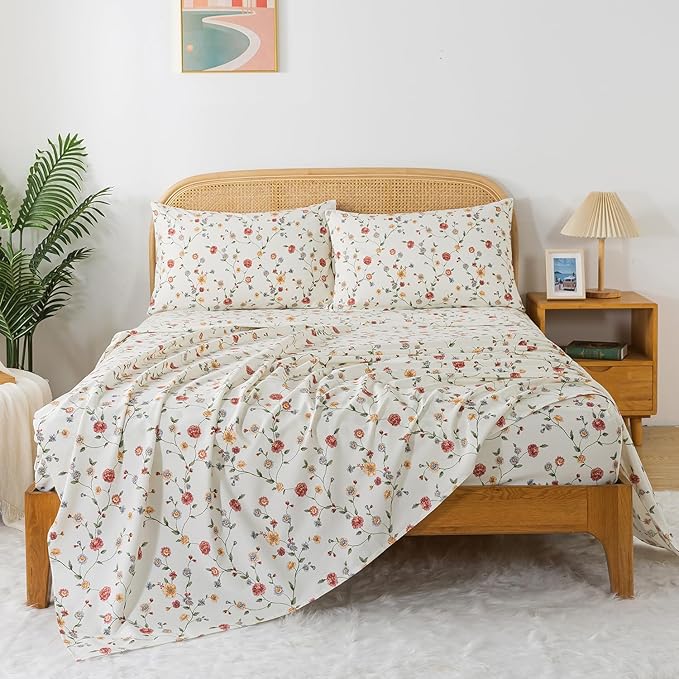 Zusbest Queen Sheet Set 100% Percale Cotton Off White Floral Bed Sheet Set, Brushed for Extra Softness, Breathable Luxury Flannel Sheets Like Pink Flower Print Deep Pocket Sheets 17.5'' 4 Pcs