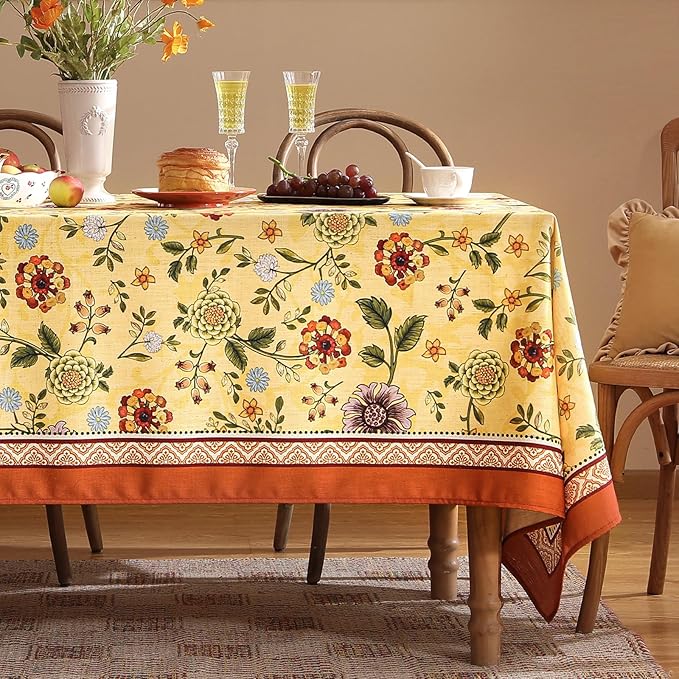 Vintage Linen Tablecloth for Rectangle Table,Yellow Floral French Wrinkle Free Extra Long Tablecloths,Decor Table Cover for Kitchen,Dining,Thanksgiving,Farmhouse,63" × 110"-Bellano