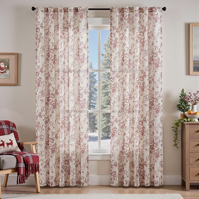jinchan Linen Blend Curtain Floral Curtains for Living Room 84 Inch Length Christmas Brick Red Printed Curtain Rod Pocket Back Tab Farmhouse Peony Flower Patterned Drapes Curtains Set 2 Panels