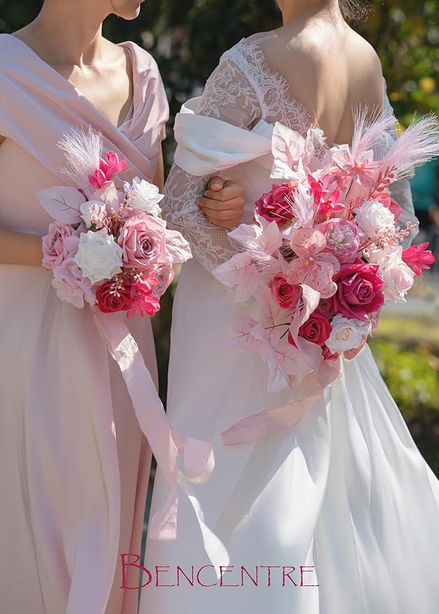 Hot Pink Bridal Bouquets for Bride,14 Inch Wedding Bouquets, for Wedding Ceremony, Anniversary, Party and French Rustic Vintage Wedding,Artificial Flowers