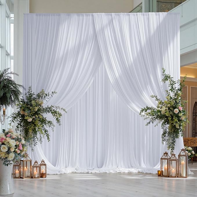 gogoparti 10x15 ft White Backdrop Curtain for Weddings & Parties - 2-Panel Wrinkle-Free Polyester Drape, 15 FT Long for Birthday, Baby Shower, Halloween Photography Background