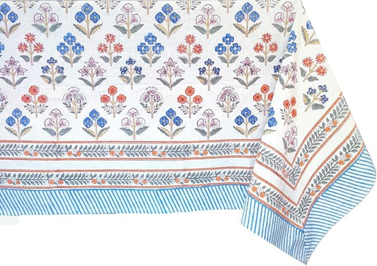 ATOSII Flora Bloom 100% Cotton Rectangle Boho Fall Tablecloth, Handblock Floral Table Cloth Linen for Kitchen Dining I Parties Wedding Outdoors Christmas Thanksgiving I 72 X 140 Inches I 12 Seater