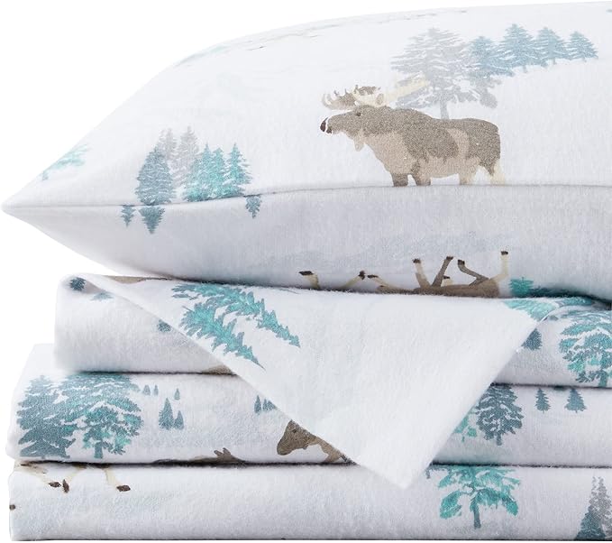 Market & Place 100% Turkish Cotton Flannel Sheet Set | 4 Piece Deep Pocket Novelty Cozy Winter Bed Sheets | Double Brushed for Extra Softness & Comfort | Alpine Collection (Full, Moose)