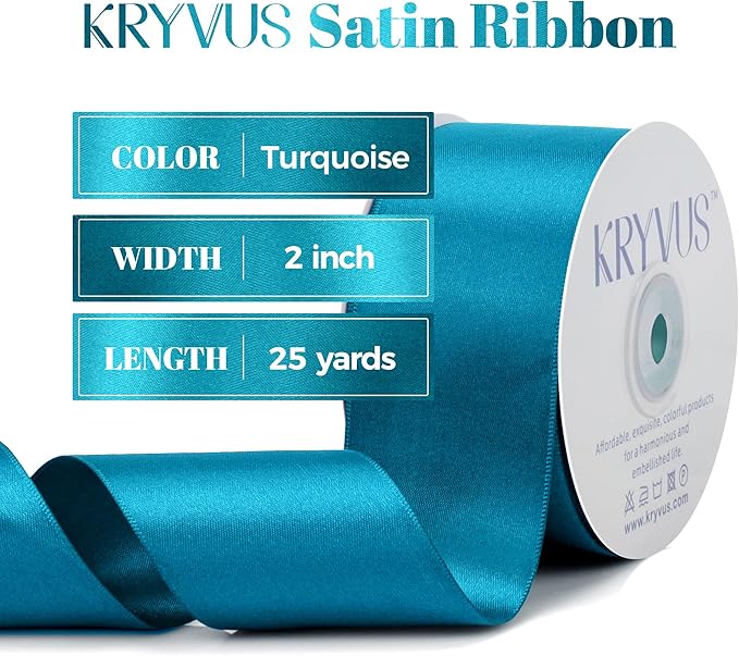 Turquoise Blue Satin Ribbon, Double Faced 2 Inch X 25 Yards Turquoise Ribbon, Premium Satin Ribbon for Gift Wrapping, Crafts, Hair Bow Making, Sewing, Flower Bouquet, Wedding Party Decor