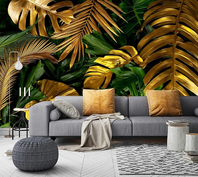 WFBHUA-Green and Gold Palm Leaf Wallpaper Peel and Stick Tropical Jungle Self Adhesive Wall Mural for Living Room Bedroom