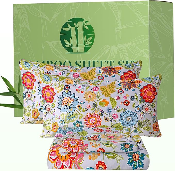 Bedlifes California King Floral 4-Piece Sheet Set - Cooling Sheets Blend Rayon Derived from Bamboo,Soft & Breathable, Deep Pocket 16", Wrinkle Resistant - Vibrant Boho Floral Spring Design