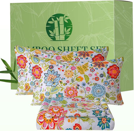 Bedlifes Twin Floral 3-Piece Sheet Set - Cooling Sheets Blend Rayon Derived from Bamboo,Soft & Breathable, Deep Pocket 16", Wrinkle Resistant - Vibrant Boho Floral Spring Design