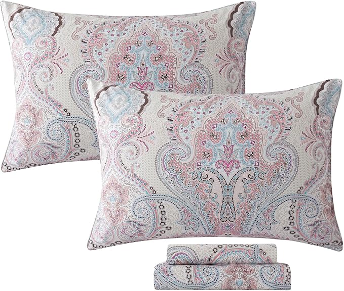 FADFAY 100% Cotton Paisley Damask Twin Bed Sheet Set, 4-Piece Soft Breathable Vintage Bedding with Deep Pocket Fitted Sheet, Flat Sheet and Pillowcases, All Season Cotton Sheets