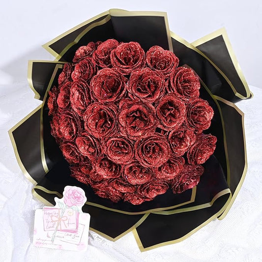 Waipfaru Glitter Roses Bouquet, DIY Fake Flowers Bouquet, Birthday Gifts for Women Mom, 24 Pcs Red Rose for Grandma Wife Girlfriend Valentines, Mothers Day, Anniversary, Graduation