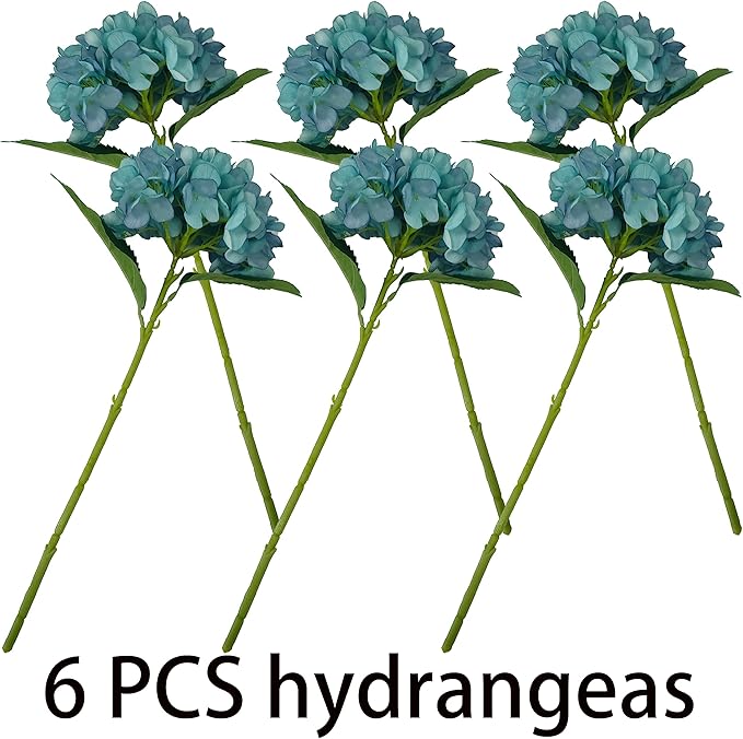 Blue Hydrangea Artificial Flowers,6 Pcs Faux Hydrangea Flowers,Artificial Hydrangeas Flowers with Stems,Fake Hydrangeas,Silk Hydrangeas Flowers with Stems for Home Decor (6, Blue)