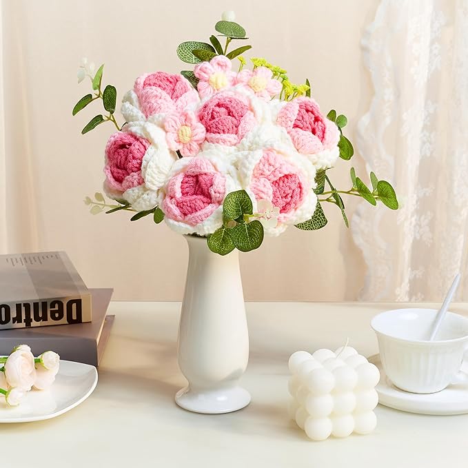 Pink Crochet Flower Bouquet Pink Knitted Rose Flowers Handmade Rose Pink Crochet Bouquet for Wedding, Anniversary, Christmas, Crochet Gifts for Women (Includes Card)
