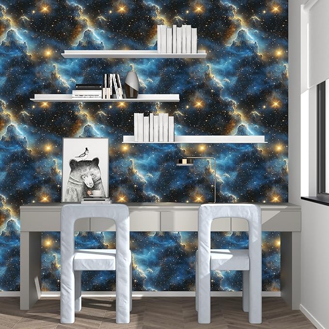 Starry Night Sky Wallpaper Peel and Stick 17.4" x 118" Dark Blue Galaxy Contact Paper Modern Space Wallpaper for Bedroom Cabinet Bathroom Home Decor