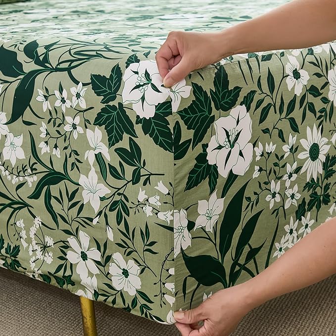 100% Cotton Sheet Set Queen Size – 4-Piece Luxury Forest Green Floral Bedding, Soft Breathable Percale Weave, Deep Pocket Fitted Sheet 17.5", Crisp Cool Feel, Refined Botanical Elegance