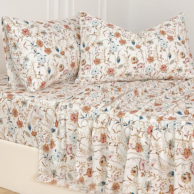 Zusbest Full Sheets Set 100% Percale Cotton - Boho Floral Botanical Printed Bedding with Deep Pocket 17.5'', Vintage Burnt Orange & Teal Design, 4-Piece Soft Breathable Sheets
