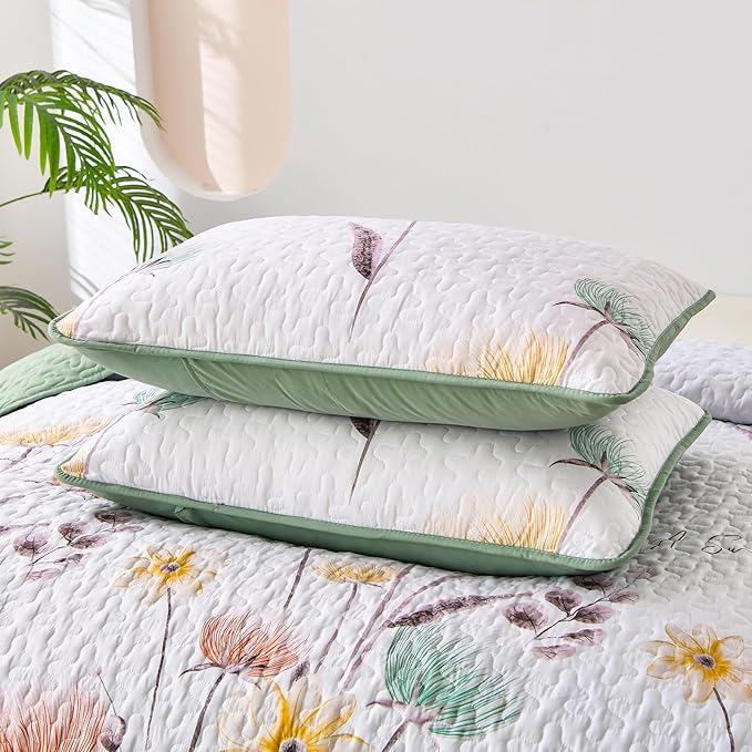 Dinjoy Floral Quilt Set Queen Size,Sage Green Bedspread Botanical 3 Pieces Fall Quilts Microfiber Lightweight Bedspreads White Soft Reversible Bed Cover Sets for All Season(96"x90")